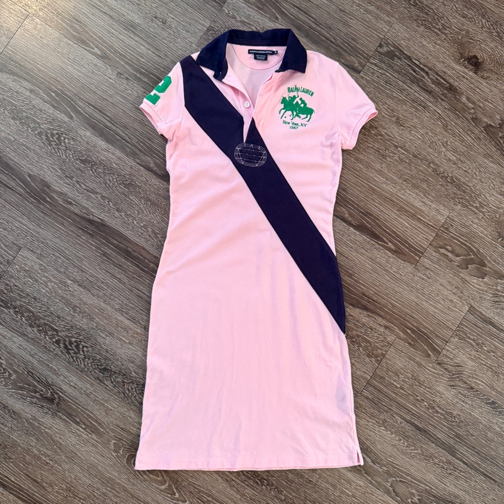 Ralph Lauren Pink Polo Shirt Dress with Navy Diagonal Stripe and Green Logo
